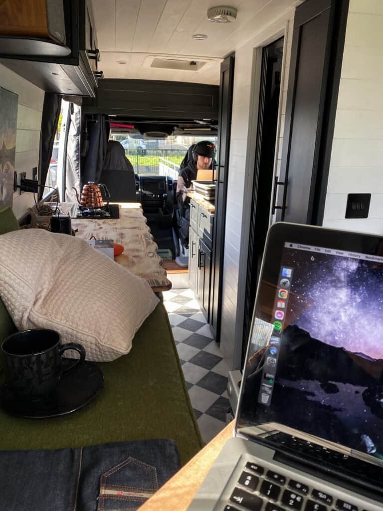 Two seperate workspaces inside a campervan, important for remote jobs on the road.