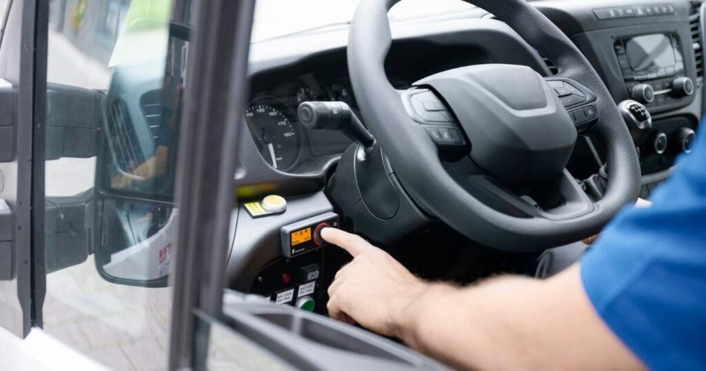 Looking into the front of a vehicle via an open front. The main features of the image are the steering wheel, and an arm reaching across to press a small rectangular remote control. 