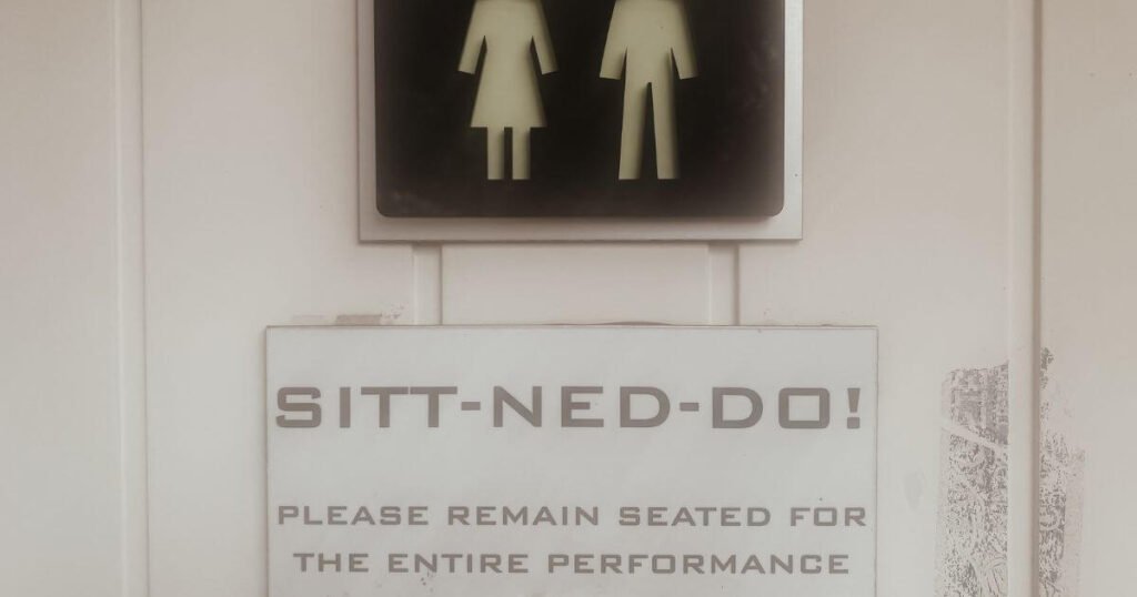 The 'No Van Life Toilet Option': a public bathroom in norway with a sign that says 'please remain seated for the entire performance'