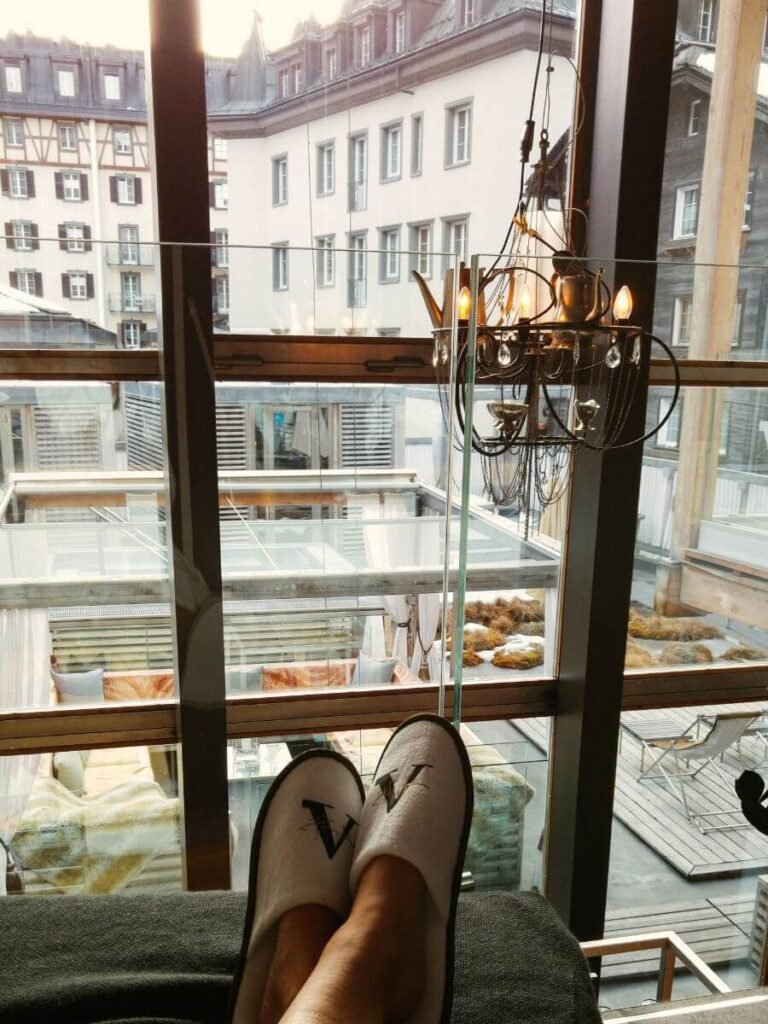 A view of the outdoor area at the Vernissage spa from one of the relaxation rooms.