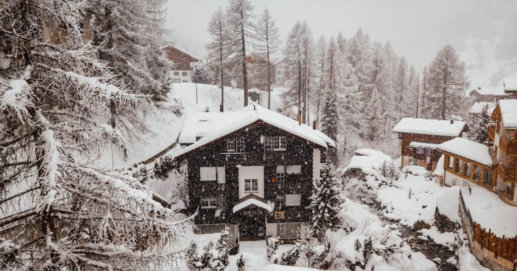 A very snow covered Zermatt village in winter.