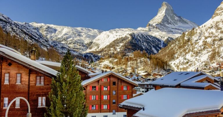 A snow covered Zermatt village and Matterhorn.