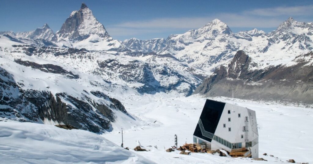 The unique modern and sustainability focussed design of the Monte Rosa Hütte in Zermatt. 