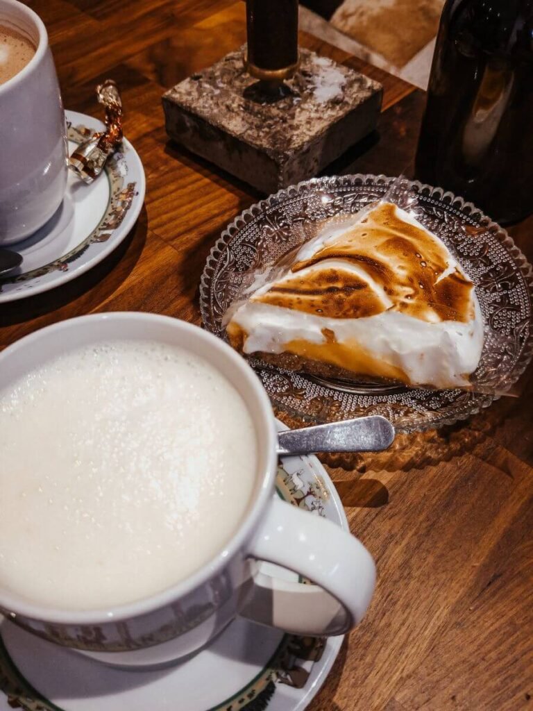 Lemon Meringue pie and a white hot chocolate from Petit Royal in Zermatt.