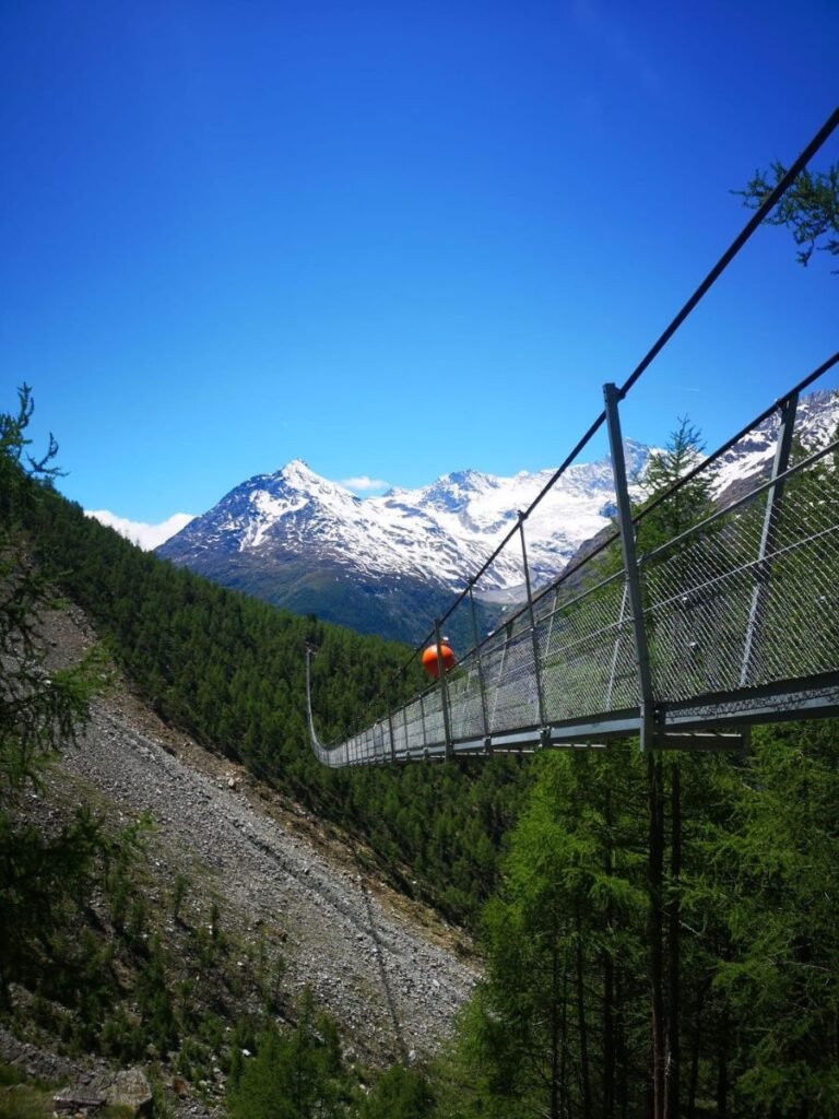 The Charles Kuonen Suspension Bridge surrounded by lush green trees and snow capped peaks.